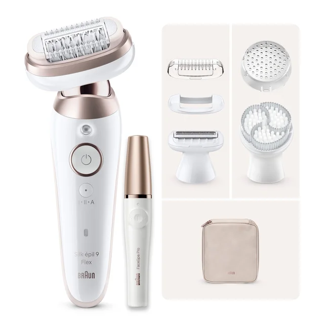 Braun Silk-épil 9 Flex epilator kit with FaceSpa Pro and multiple attachments.