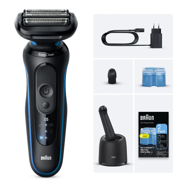 Braun S5 EasyClean shaver and 3in1 ShaverCare system for hygienic cleaning.