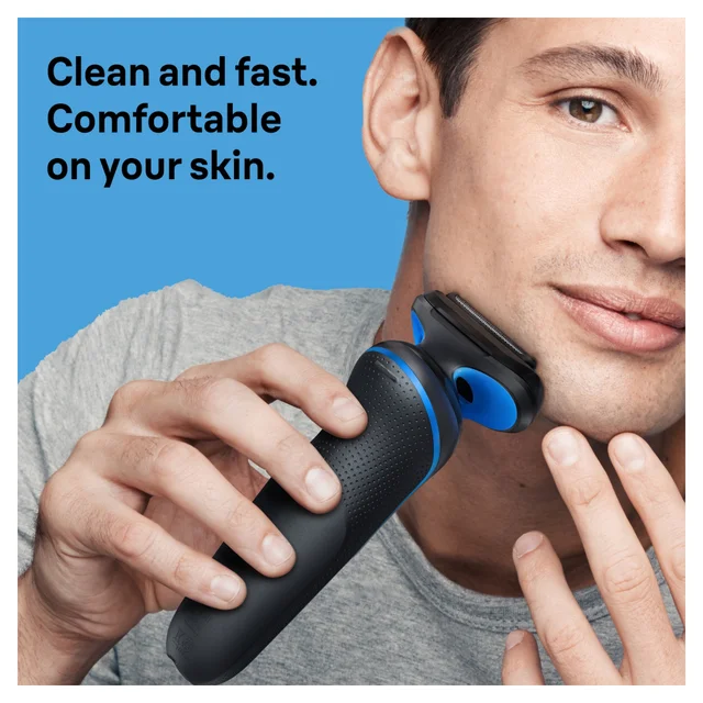 Braun shaver in use, highlighting 'Clean and fast. Comfortable on your skin' benefits.
