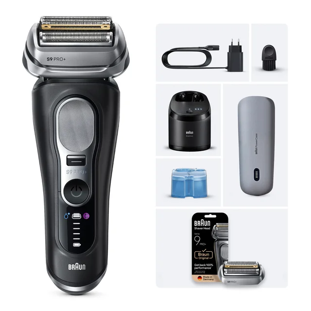 Braun S9 PRO+ shaver with SmartCare station, PowerCase, and all included accessories.