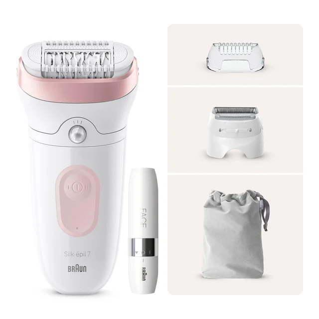 Braun Silk-épil 7 epilator shown with facial tool and multiple precision attachments.
