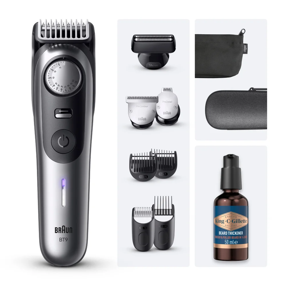 Braun BT9 beard trimmer kit showing all accessories, storage cases & King C. Gillette Beard Thickener.