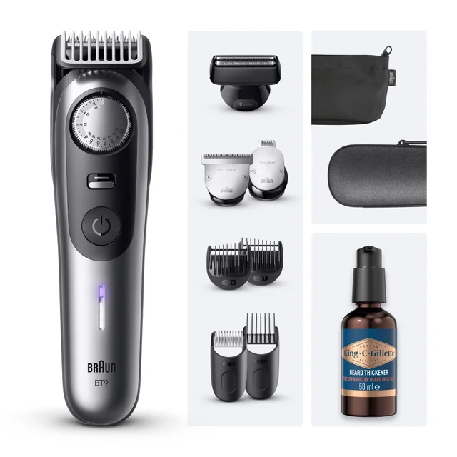 Braun BT9 beard trimmer kit showing all accessories, storage cases & King C. Gillette Beard Thickener.