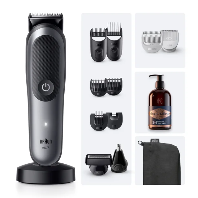 Braun AI07 Multi-Grooming Kit, shown with all included grooming attachments and accessories.