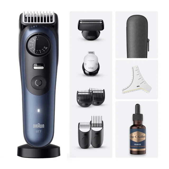 Braun BT7 beard trimmer with styling attachments and King C. Gillette beard oil.