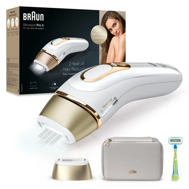 Braun Silk-expert Pro 5 IPL hair removal system and packaging, showing 2 Year Hair Reduction.