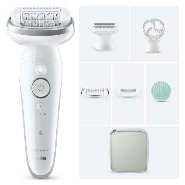 Braun Silk-épil 9 epilator with multiple interchangeable heads and travel case.