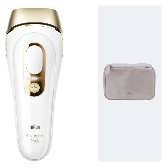 Braun Silk-expert Pro 5 IPL device with accompanying storage pouch.