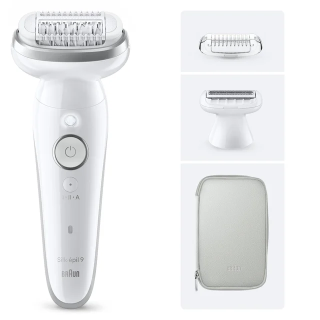 Braun Silk-épil 9 epilator with shaving head, trimmer cap, and travel pouch accessories.