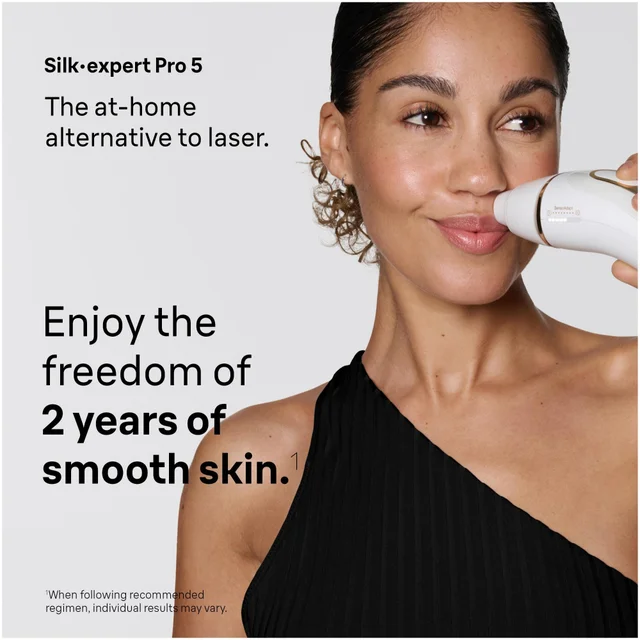 Woman using Braun Silk-expert Pro 5 for 2 years of smooth skin, an at-home laser alternative.