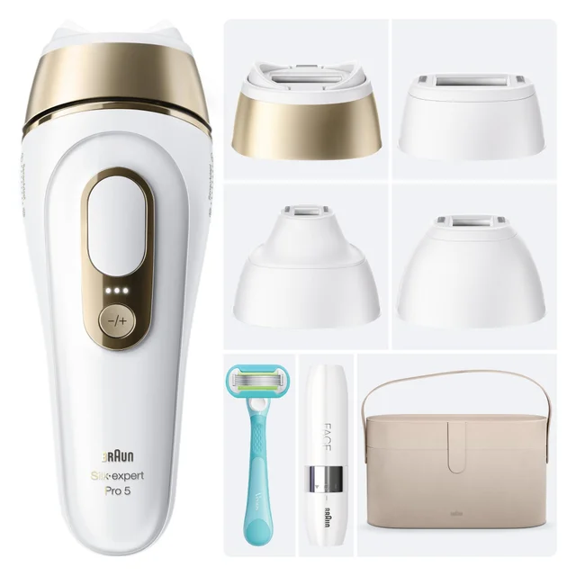Braun Silk-expert Pro 5 IPL device with various attachment heads and grooming accessories.