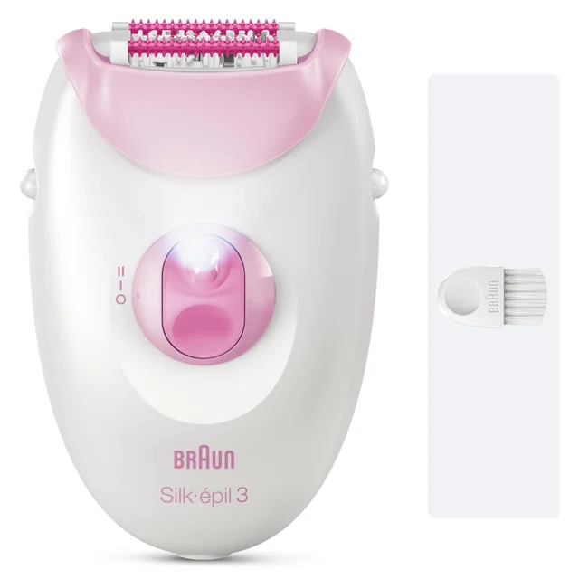Braun Silk-épil 3 epilator with integrated light and cleaning brush.