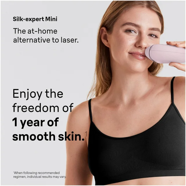 In use shot of a woman using the Braun Silk·expert Mini on her upper lip.