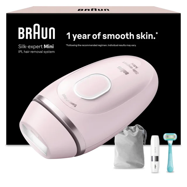 Braun Silk-expert Mini IPL hair removal system packaging, highlighting "1 year of smooth skin."