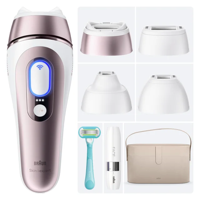 Braun Skin i-expert IPL device with multiple precision heads, razor, and storage case.
