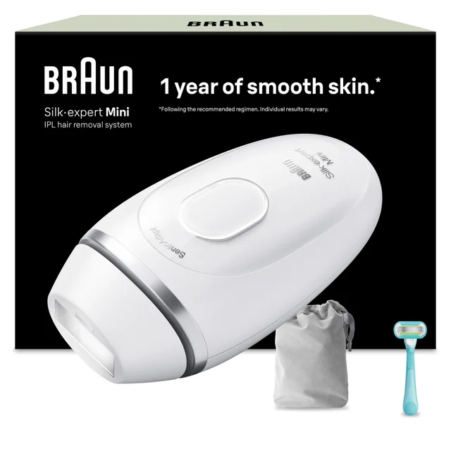 Braun Silk-expert Mini IPL hair removal system, featuring '1 year of smooth skin' claim.