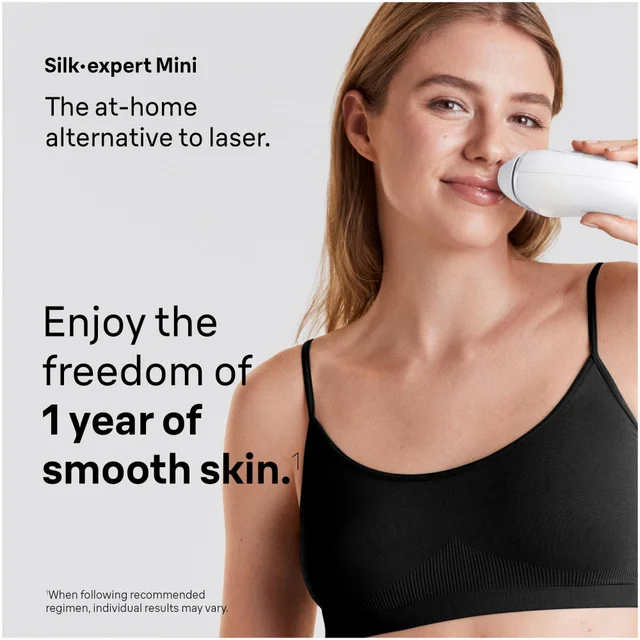 In use shot of a woman using the Braun Silk·expert Mini on her upper lip.