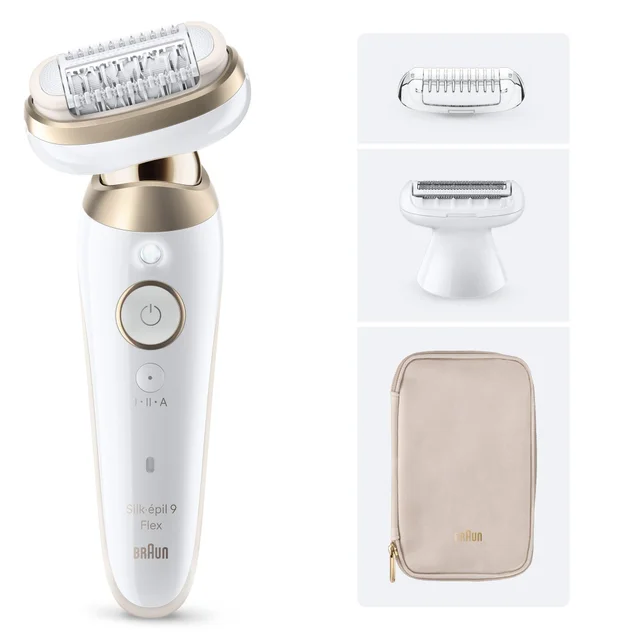 Braun Silk-épil 9 Flex epilator with shaver and trimmer heads, plus travel pouch.