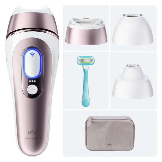 Braun Skin i·expert IPL device with precision heads, Gillette Venus razor, and storage pouch.