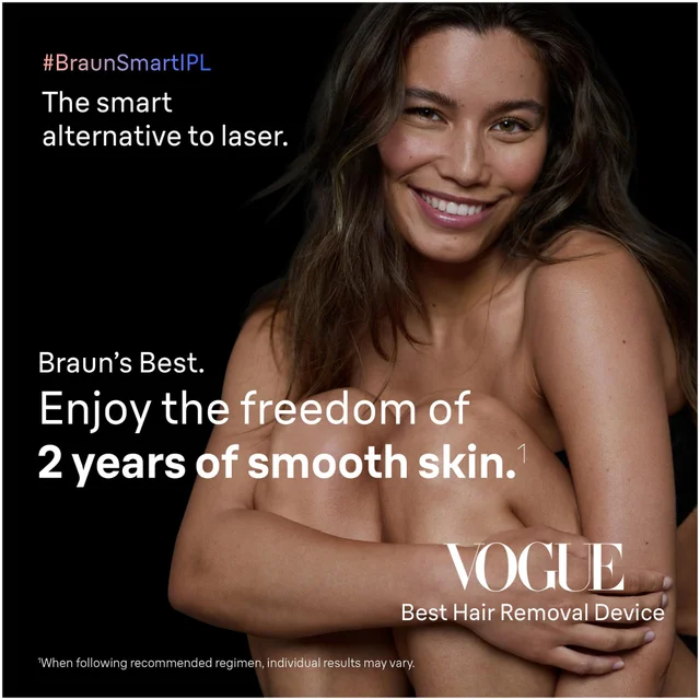Braun IPL promotional image featuring '2 years of smooth skin' & 'Vogue Best Hair Removal Device'.