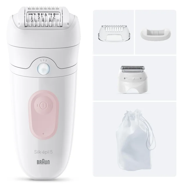 Braun Silk-épil 5 epilator with precision cap, contact cap, shaver head, and storage pouch.