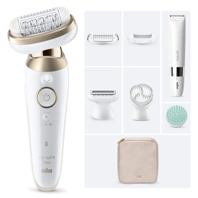 Braun Silk-épil 9 Flex epilator, shown with all included grooming attachments and travel case.