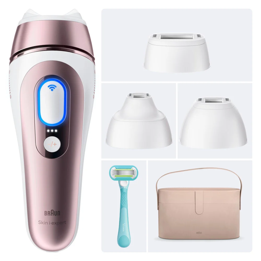 Braun Skin i·expert IPL device with multiple attachment caps, Gillette Venus razor, and storage case.