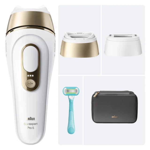 Braun Silk-expert Pro 5 IPL, shown with precision caps, Gillette Venus razor, and travel pouch.