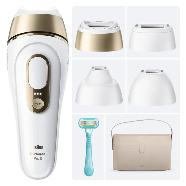 Braun Silk-expert Pro 5 IPL hair removal device with various precision heads, Gillette Venus razor & storage pouch.