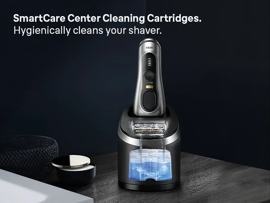 Braun electric shaver placed in Braun 6 in 1 SmartCare Center. Hygienically cleans your shaver