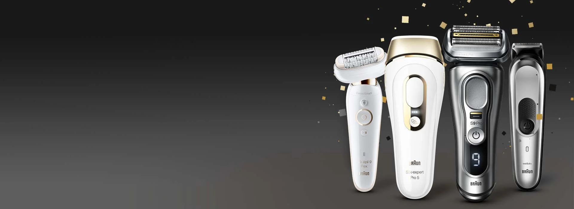 SEASONAL OFFERS FROM BRAUN - black backdrop with Braun Silk-épil 9 Flex epilator, Braun Silk-expert Pro 5 IPL, Braun Series 9 Pro and Braun 10-in-1 All-in-one Trimmer 7 MGK7220
