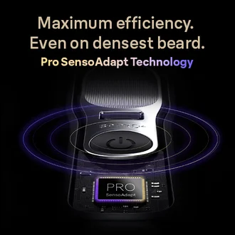 Braun Series 9 PRO+ shaver handle showing maximum efficiency even on the densest beard with ProSensoAdapt Technology.