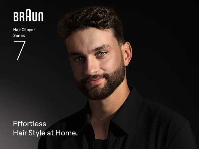 Man with neatly groomed hair. Braun Hair Clippers Series 7. For effortless hair styling at home.