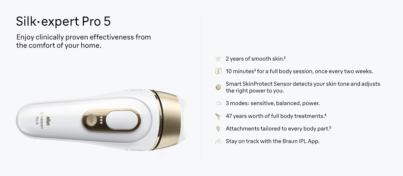 Silk expert Pro 5. Enjoy clinically ptoven effectiveness from the comfort of your home. Image of PL5 and its features. 2 years of smooth skin.