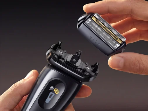 Hands placing Braun replacement shaver head on Braun electric shaver