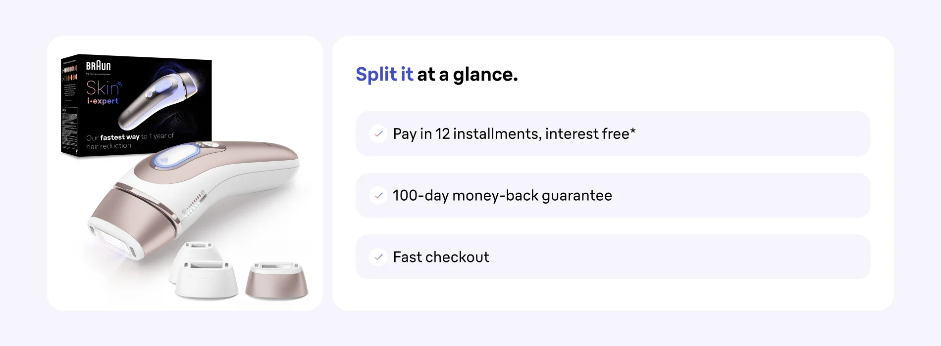Splitit at a glance: 12 interest free installments, 100 day money back guarantee, fast check out