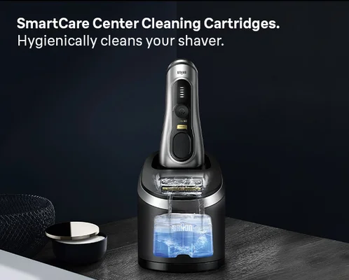 Braun electric shaver placed in Braun 6 in 1 SmartCare Center. Hygienically cleans your shaver