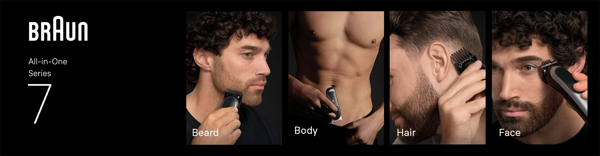 Man grooming beard, body, hair and face with Braun All-in-One Series 7.