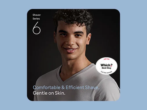 Clean shaven man. Braun Series 6 for a comfortable and efficient shave. Gentle on skin.