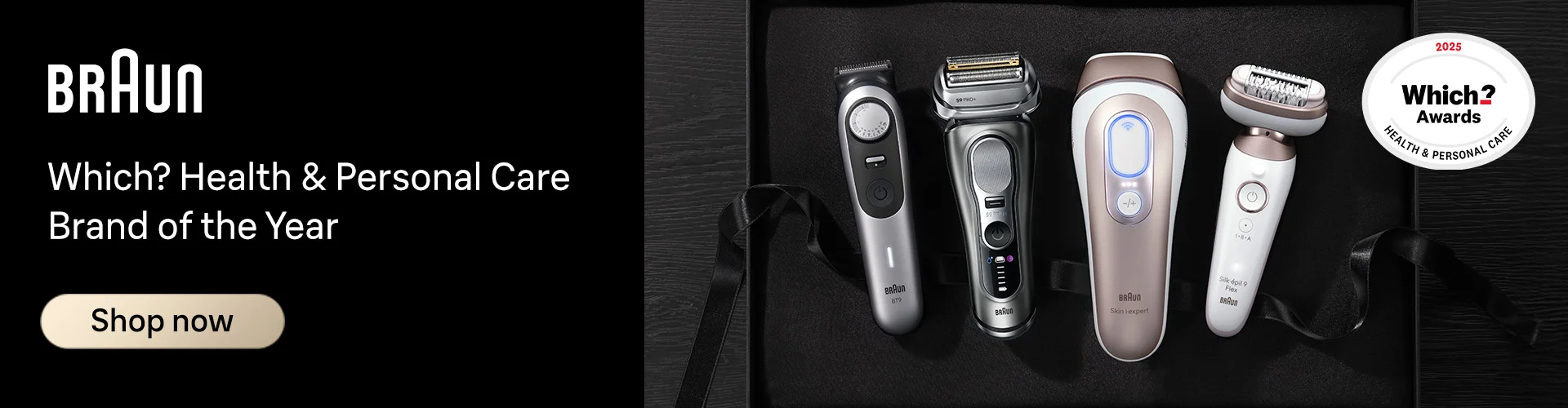 Which? Health & Personal Care Brand of the Year 2025. Image showing Braun beard trimmer, shaver, IPL and epilator