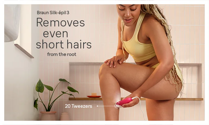 Lady using Braun Silk epil 3 to epilate legs. Removes even short hairs from the root.