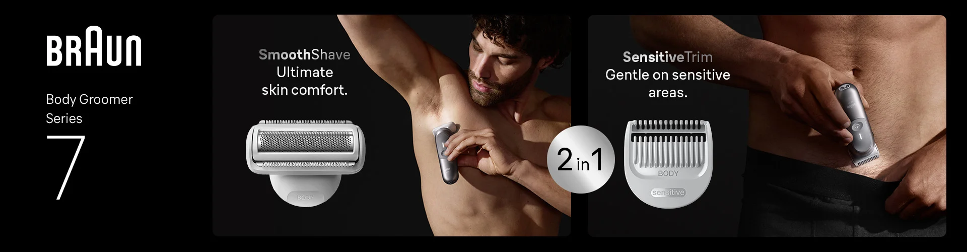 Man using Braun Body Groomer Series 7 2 in 1 to shave underarm hair and to trim sensitive areas.
