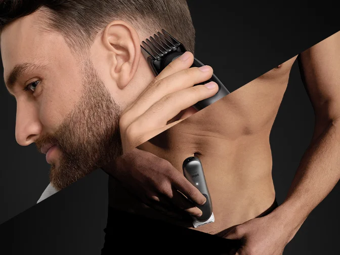 All-in-one Trimmers - Braun - man using Trimmer on his hair and torso