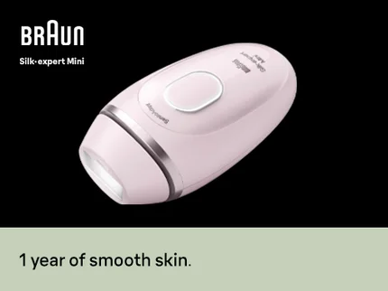 Braun Silk expert Mini. Woman using IPL on leg. Compact convenient and slim.