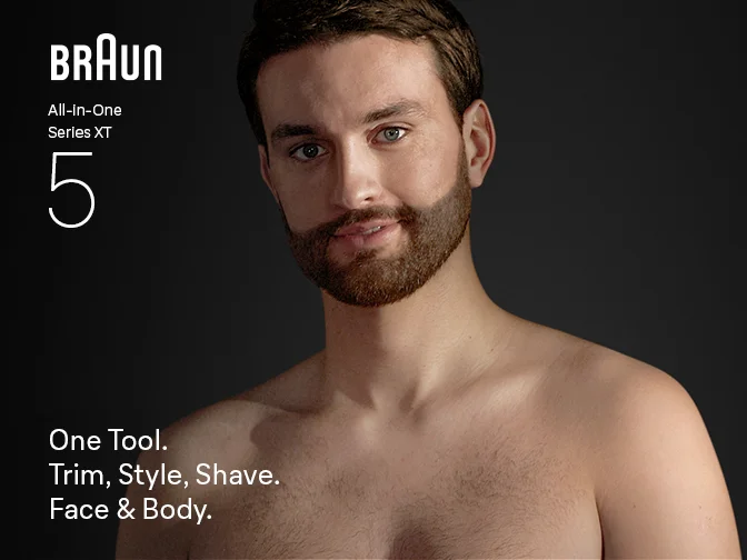 Man with bare chest. Braun All-in-One Series XT5. One tool for trimming, styling and shaving face and body.